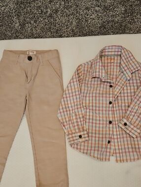 Cat & Jack Beige Pants with Pastel Plaid Button-Down Shirt